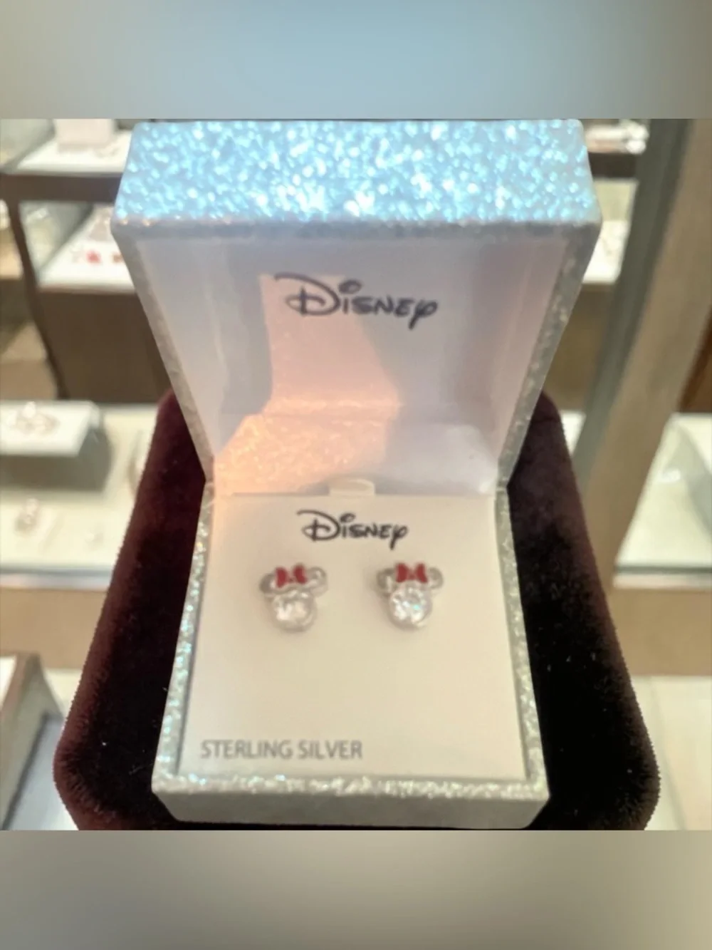 Disney Sterling Silver Minnie Mouse CZ Stud Earrings Red Bow NIB